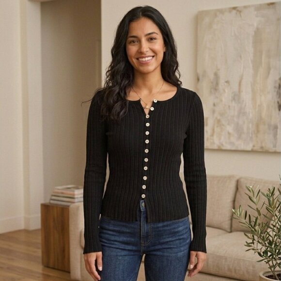 Free People Tops - FREE PEOPLE Tilly Ribbed Long Sleeve Button-Up Black XS